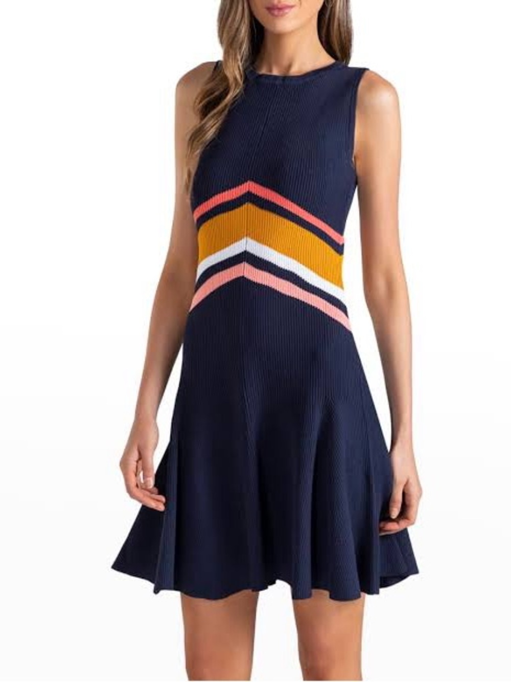 Shoshanna Lyla Navy Mini Dress with Mustard, Coral, White & Pink Chevron